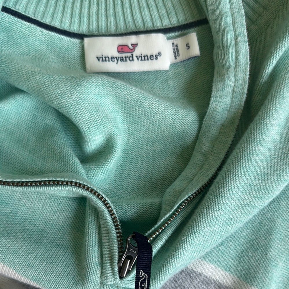 Vineyard Vines Quarter Zip Sweater S Mint Green Striped Preppy Golf - Picture 2 of 4